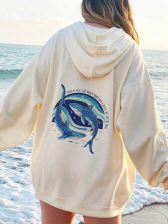 Women's Casual And Comfortable Plus Size Hoodie With Whale Sea Creature Graphic, Perfect For Fall And Back-To-School Season, Newest Style