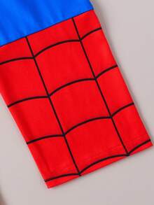 2 件套年轻男孩派对休闲时尚可爱礼物，舒适户外蜘蛛网拼色红蓝蜘蛛印花圆领长袖上衣和直筒裤套装，秋季