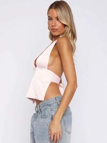 Awevudst Women Halter Neck Backless Satin Tank Tops Deep V-Neck Tie Back Side Split Crop Tops Summer Casual Vest Camisoles Holiday Cami Tops - 粉色 - 查看 4