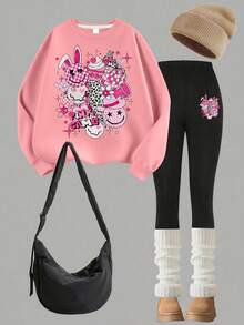 Bộ 2 quần nỉ và quần legging in họa tiết hoạt hình dễ thương và phong cách cho bé gái tuổi teen, thoải mái và co giãn, trang phục thường ngày cho mùa xuân thu - Hồng - Xem 2