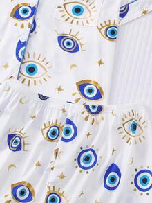 2pcs/Set Women Plus Size Cool Light Blue Eye Print Pajama Set, Soft Short Sleeve Shirt With Collar & Button, And Elastic Waist Shorts, Stylish Sleepwear For Daily, Holiday Party, Casual Home & Outdoor Wear - Blue - View 7