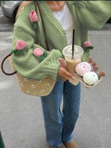 Senya 女士 V 领长袖手工钩织 3D 立体花卉单扣针织开衫，宽松休闲简约，适合日常穿着、浪漫约会、假期、毕业典礼、返校季、情人节等场合。 - 綠色 - 查看 5