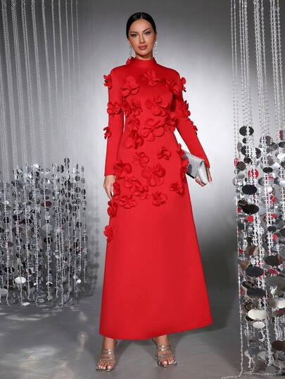 New Elegant Women's 3D Floral Decor Long Sleeve Bowknot Fitted Dimensional Flower Maxi Dress, Suitable For Valentine's Day, Bridesmaid, Formal Evening Gown