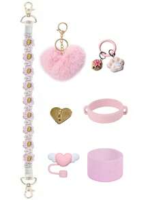 7 pièces Ensemble d'accessoires de tasse multicolore, convenant pour les accessoires de tasse de 40 onces, ensemble de tasse en silicone multiflash, comprenant un couvercle de paille en forme de cœur, une sangle de tasse en osier, un pendentif en boule rose en forme de cœur et un ensemble d'accessoires en forme de patte de chat