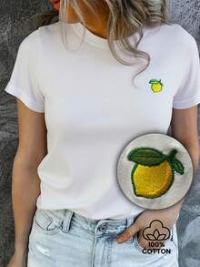 Playera para mujer, cuello redondo, con un bodado de limóncito,  100% algodon, hecho en México - Blanco - Ver 1