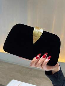 Black Elegant Velvet Vintage Metal Leaf Clasp Formal Party Clutch Purse, Suitable For Evening Gowns, Banquets, Weddings, And Formal Occasions, Perfectly Matching With Prom Dresses For Women, Prom Accessories,Sequin Dress Women,Sparkly Dress,Elegant Dresses For Women, Elegant Prom Bag, Perfectly Matching With Bridal Party,Lightweight,Business Casual Rhinestone Decor Bucket Bag Mini Drawstring Design, Clear Bag Faux Pearl Bag Evening Bag,Dinner Bag Glamorous,Elegant,Exquisite,Quiet Luxury Rhinestone For Party Girl,Woman,Bride Perfect For Party,Dinner/Banquetchristmas Party Dress - 黑色 - 查看 2