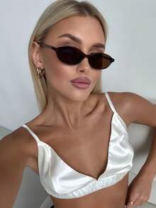 1pc Fashion Small Frame Oval Retro Street Style Glasses, Basic Model For Summer Travel Beach, Suitable For Autumn/Winter Women - Brown - View 1