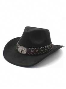 1pc Unisex New Faux Leather Cowboy Hat With Star Beaded Decor, High-Quality Suede Material Wide Brim Hat, Fashion Minimalist European & American Style Western Cowboy Hat, Suitable For Daily Wear, Western Themed Events, Birthday Parties, Music Festivals, Horseback Riding And More Occasions