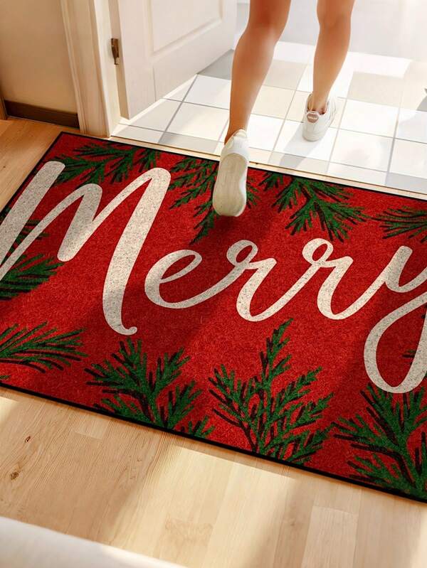 1pc Elegant Holiday, Christmas Cheer Red Leaf Doormat, Doormat, Small Rug, Welcome Mat, Carpet, Floor Mat, Outdoor Doormat, Kitchen Rug, Home Decor, Front Door Mat, Area Small Rug, Outdoor Mat, Home Decor, Area Rug, Garden Rug, Washable Carpet