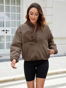 Women's Lightweight Fleece Pullover Jacket Cropped Fall Winter Fuzzy Sherpa Jacket Sweatshirt Coat With Pockets - 咖啡棕 - 查看 4