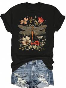 Camiseta con estampado de libélula y flores, de estilo casual y transpirable, con cuello redondo y manga corta, versátil y adecuada para adolescentes y adultos - Negro - Ver 1