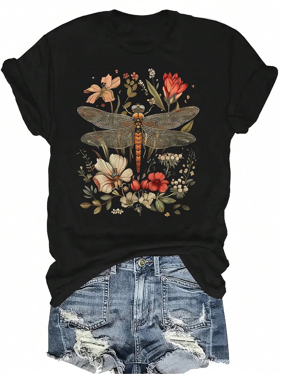 Camiseta con estampado de libélula y flores, de estilo casual y transpirable, con cuello redondo y manga corta, versátil y adecuada para adolescentes y adultos - Negro - Ver 1