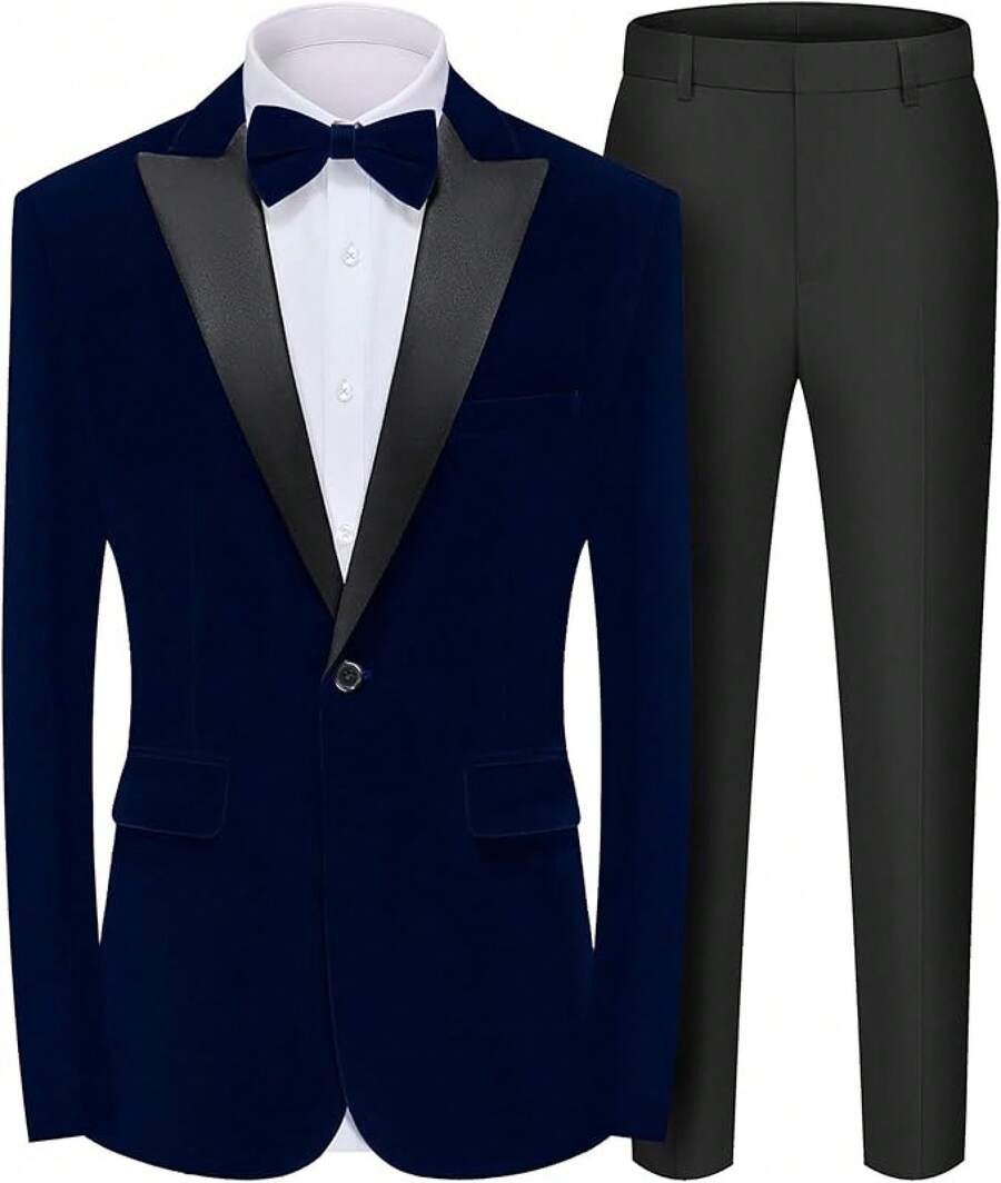 2026 Men's Casual Blazer & Pant Set Men's 2 Piece Velvet Suit Peak Lapel One Button Slim Fit Tuxedo Blazer Party Dinner Jacket & Pants Relaxed Stretch Fit For Smart Casual Events - 海軍藍峰形翻領 - 查看 1
