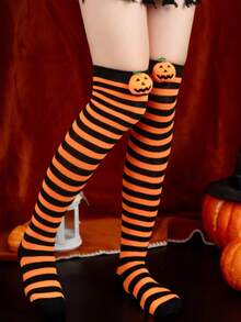 1 par de calcetines sobre la rodilla con diseño de calabaza y diablo, calcetines largos a rayas para mujer para días festivos, calcetines largos a rayas para cosplay