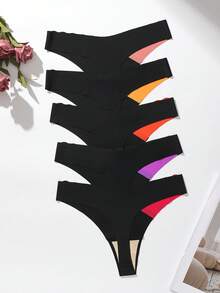 5 件/包无缝扇贝设计女士内裤，舒适撞色丁字裤，豹纹和丝绸面料，适合所有季节和日常穿着 - 彩色 - 查看 5