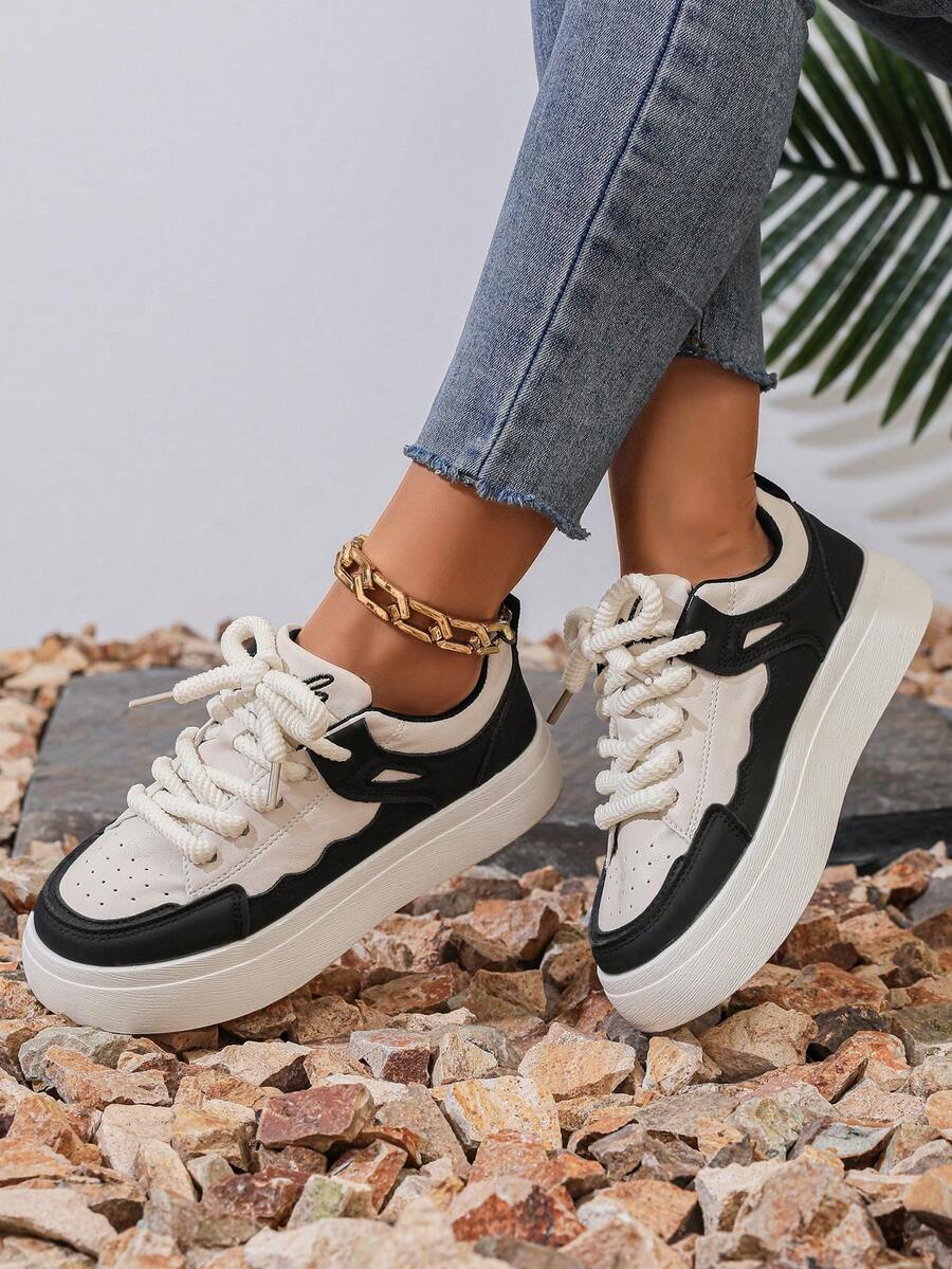 Zapatillas de deporte de moda versátiles de uso diario con contraste de color para mujer - Beige oscuro - Ver 1