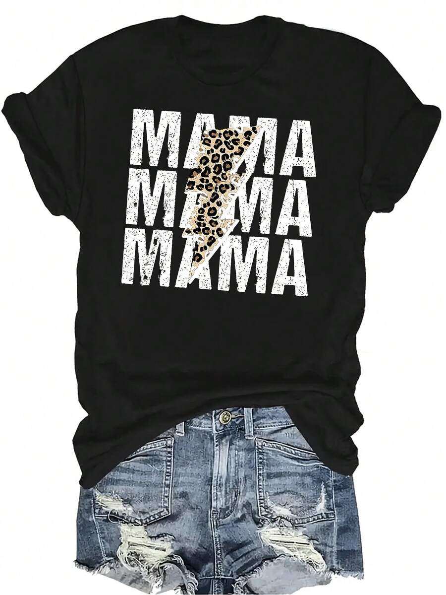 Camiseta con estampado de letra MAMA, unisex, de verano, casual, transpirable, de cuello redondo, de manga corta, ropa de calle, versátil, adecuada para adolescentes y adultos - Negro - Ver 1
