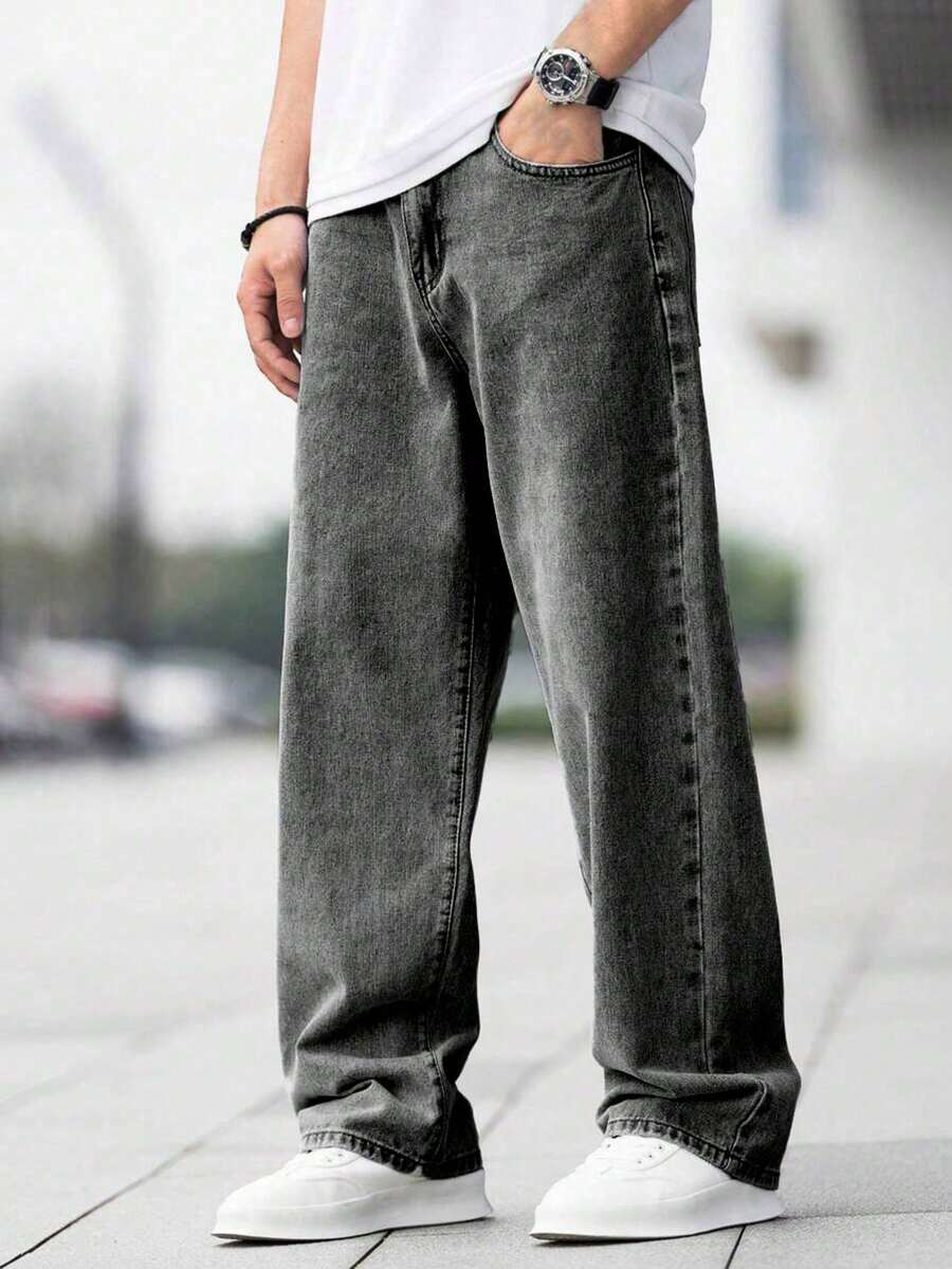Teens/Youth Boys' Simple Versatile Straight Leg Jeans - Dark Grey - View 1