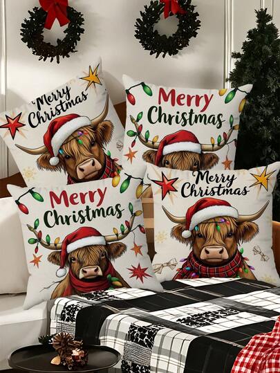 4pcs/280pcs Christmas Theme Throw Pillow Covers, Santa Hat & Highland Cow Pattern, Suitable For Christmas Living Room Bedroom Sofa Decor, 45x45cm Pillow Covers, Christmas Party Gathering Decoration, Christmas Party Restaurant Decor, Party Atmosphere Decoration, Excluding Pillow Inserts, Suitable For Daily, Holiday, Party, Birthday, Wedding, Dinner, Kitchen & Home Textiles Decor, Christmas Decorations, Kitchen And Home, Dining Table Mats, Center Pieces, Autumn Decor