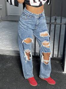 La moda de otoño de las mujeres está llena de agujeros rotos, pantalones vaqueros sueltos y rectos - Lavado ligero - Ver 6