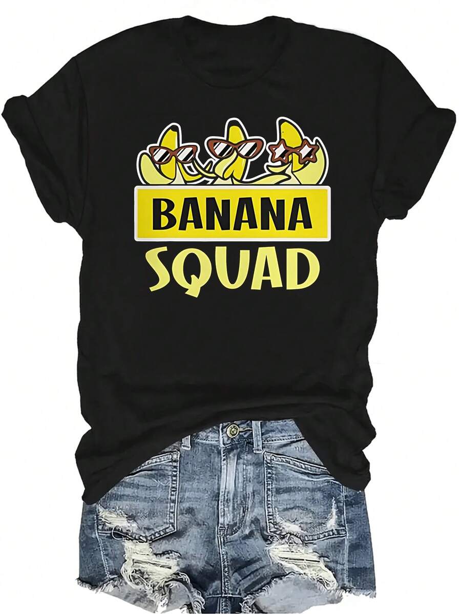 Camiseta unisex BananaFun, de verano, casual, transpirable, con personalidad, cuello redondo, manga corta, ropa de calle, versátil, adecuada para adolescentes y adultos - Negro - Ver 1