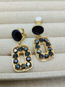 2pcs Vintage French Style Rhinestone Square Clip-On Earrings, Minimalist Geometric Pendant Earrings For Non-Pierced Ears - Clip - View 5