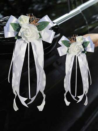 1PC Rose Flower Rearview Mirror Decoration Flower Wedding Car Flower Wedding Scene Decoration, Staircase Handrails, Corridor Door Handle Bow Rose Decoration