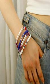 Elegance 11 Designs Heishi Beaded Bracelets For Women Polymer Clay Colorful Surfer Stackable Beads Boho Bracelet Summer Beach Jewelry - 酒紅色 - 查看 4