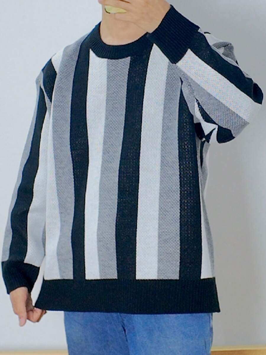 Maglione a girocollo a maniche lunghe in maglia a righe, morbido e confortevole, casual, per uomo taglia oversize, adatto per autunno/inverno