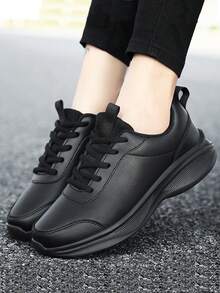 Women's Breathable Black Chunky Sneakers, Lightweight Leather-Surfaced Running Shoes, Multifunctional Comfortable Platform Shoes, Fashionable Solid Color Synthetic Leather Non-Slip Low-Top Casual Shoes, Suitable For All Seasons, Size 35-45 - Black - View 1