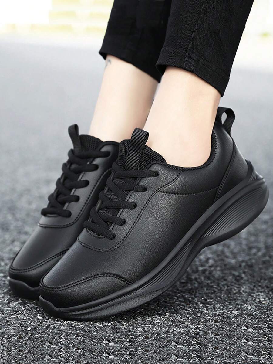 Women's Breathable Black Chunky Sneakers, Lightweight Leather-Surfaced Running Shoes, Multifunctional Comfortable Platform Shoes, Fashionable Solid Color Synthetic Leather Non-Slip Low-Top Casual Shoes, Suitable For All Seasons, Size 35-45 - Black - View 1