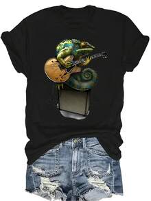 Camiseta con diseño de camaleón tocando la guitarra, unisex, de verano, casual, transpirable, de cuello redondo, de manga corta, ropa de calle, versátil, adecuada para adolescentes y adultos - Negro - Ver 1