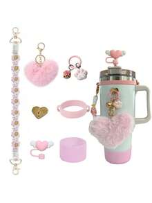 7 pièces Ensemble d'accessoires de tasse multicolore, convenant pour les accessoires de tasse de 40 onces, ensemble de tasse en silicone multiflash, comprenant un couvercle de paille en forme de cœur, une sangle de tasse en osier, un pendentif en boule rose en forme de cœur et un ensemble d'accessoires en forme de patte de chat