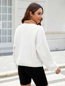 Women's Lightweight Fleece Pullover Jacket Cropped Fall Winter Fuzzy Sherpa Jacket Sweatshirt Coat With Pockets - 白色 - 查看 2