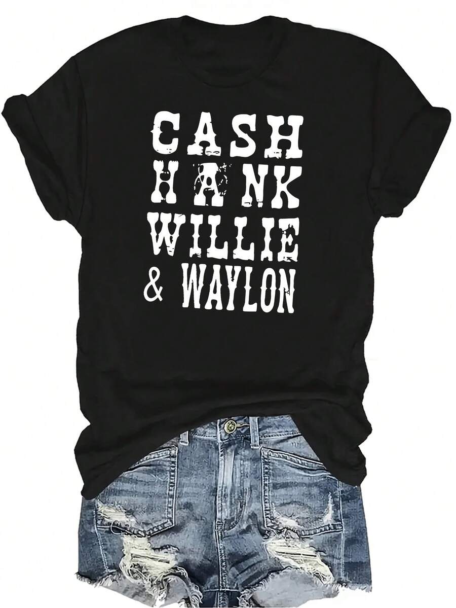 Camiseta unisex de Cash, Hank, Willie y Velon, de verano, casual, transpirable, con personalidad, cuello redondo, manga corta, ropa de calle, versátil, adecuada para adolescentes y adultos - Negro - Ver 1