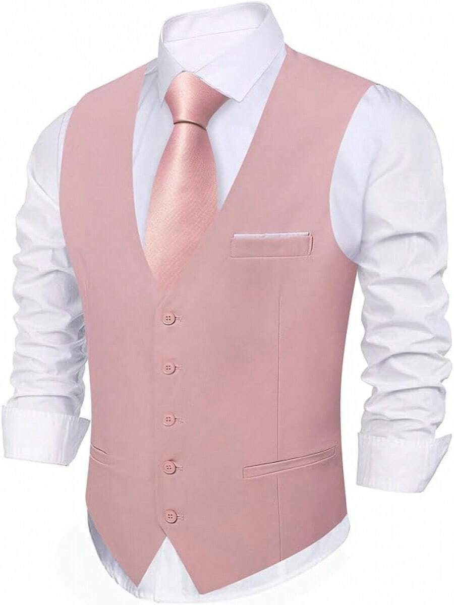 Slim Fit Men's Suit Vest: V-Neck Formal Waistcoat (Striped/Solid) - Perfect For Casual & Wedding Party Tuxedo Styling - 淡粉紅色 - 查看 1