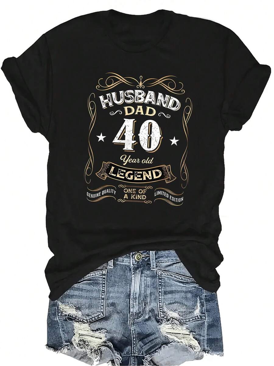 Camiseta de 40 cumpleaños Unisex Verano Casual Transpirable Personalidad Cuello Redondo Manga Corta Camiseta Ropa de Calle Versátil, Adecuada para Adolescentes y Adultos - Negro - Ver 1