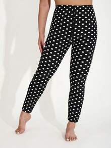 Plus Size Women's Minimalist Black Leggings With Small Polka Dot Pattern, Suitable For Outdoor Activities, Cycling, Adventure, Hiking, Casual, Sports, Running, Fitness, Home Workout, Squats, Yoga, Gym Training, Ankle Length