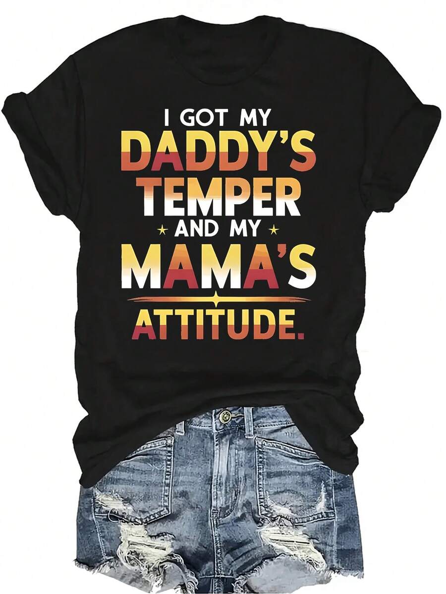 Camiseta unisex de verano casual y transpirable con personalidad, cuello redondo, manga corta, estilo urbano, adecuada para adolescentes y adultos. Tengo el temperamento de mi padre y la actitud de mi madre. - Negro - Ver 1
