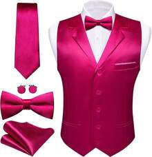Mens Formal Suit Vest Tie Bowtie Set 8PC Lapel Collar Casual Waistcoat Wedding Party TuxedoChristmas AUIA - 玫紅色 - 查看 2
