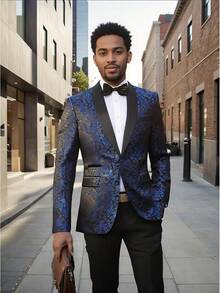 Men's Floral Dinner Party Prom Wedding Stylish Suits For Men One Button Dinner Jacket Pants Sethalloween - 藍色-2件 - 查看 7