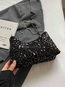 1 件绗缝拉链封口 PVC 亮片托特包，大容量闪亮腋下包，时尚链条单肩斜挎包，适合女性外出、度假、聚会、宴会 - 黑色 - 查看 3