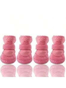 4pcs/Set Pet Dog Shoes Winter Warm Shoes For Small Medium Dogs Anti-Slip Puppy Rain Snow Boots Footwear Cat Dog Walking Sneakers - Pink - View 7