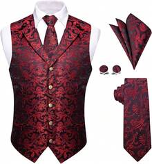 Mens Suit Vest 4PC Silk Paisley Vest With Necktie Pocket Square Cufflinks Formal Woven Waistcoat Suit TuxedoChristmas SAOA - 紅色花卉 - 查看 1
