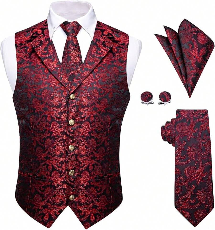 Mens Suit Vest 4PC Silk Paisley Vest With Necktie Pocket Square Cufflinks Formal Woven Waistcoat Suit TuxedoChristmas SAOA - 紅色花卉 - 查看 1