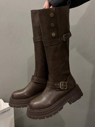 Chunky Heel Thick Sole Lace-Up Tall Boots For Women, Retro Distressed Leather Strap Buckle Stylish Boots, Knee-High Boots, Fall, Winter, Spring/Autumn 2025 New Arrivals,Party