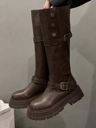 Chunky Heel Thick Sole Lace-Up Tall Boots For Women, Retro Distressed Leather Strap Buckle Stylish Boots, Knee-High Boots, Fall, Winter, Spring/Autumn 2025 New Arrivals,Party