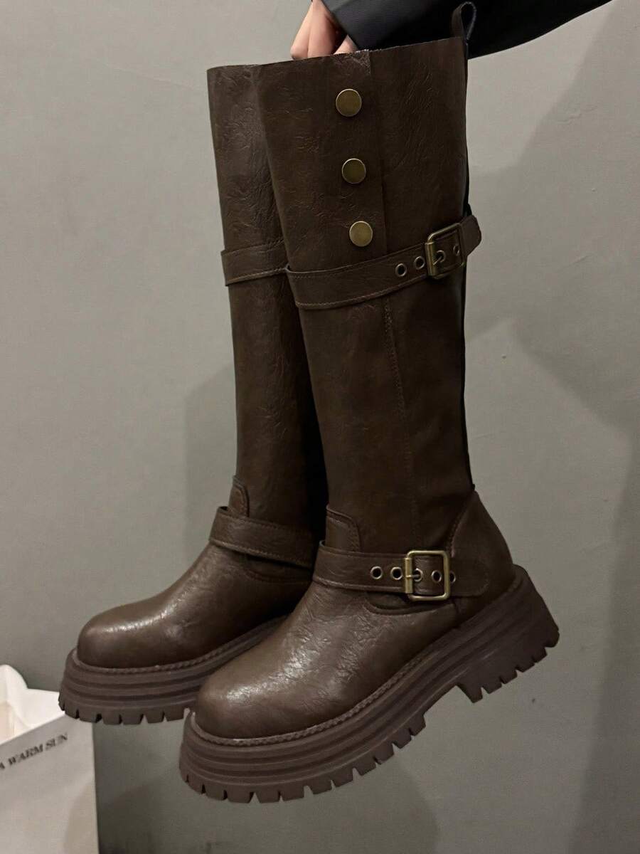 女士粗跟厚底系带高筒靴，复古做旧皮革搭扣时尚长靴，过膝长靴，2025秋冬春秋新款，派对必备 - 棕色 - 查看 1