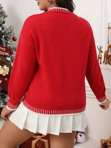 Plus Size Letter Embroidery Contrast Trim Casual Sweater