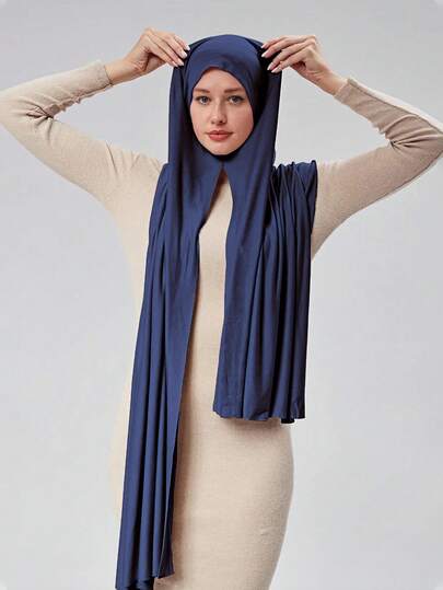 1pc Muslim Women's One-Step Khimar Scarf – Pre-Tied Slip-On Modest Head Cover, No-Pin Jersey Hijab With Neck Coverage, Lightweight Stretch Fabric For Prayer, Travel, Work, Daily Wear.